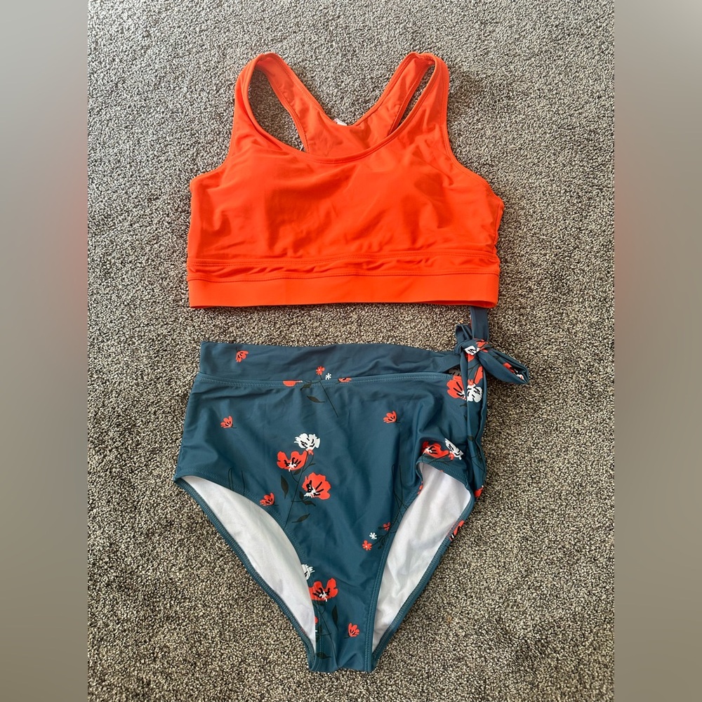 Women's Two-Piece High-Waist Bikini Set - Coral Top & Teal Floral Bottom